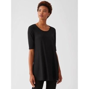 Eileen Fisher Fine Jersey Knit Top Scoop Neck 3/4 Sleeve Womens Black Size M